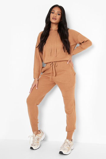 Petite - Stickad Hoodie Och Joggers, Brown