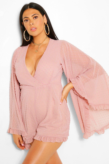 Plus - Romper I Prickig Chiffong Med Vid Ärm, Pink