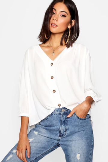Blus Med Knappdetalj, White