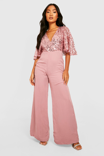 Petite Jumpsuit Med Paljetter, Utsvängd Ärm Och Vida Ben