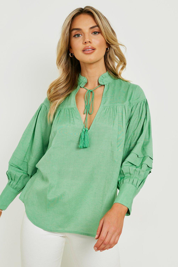 Linneblus Med Knytdetalj Och Puffärm, Green