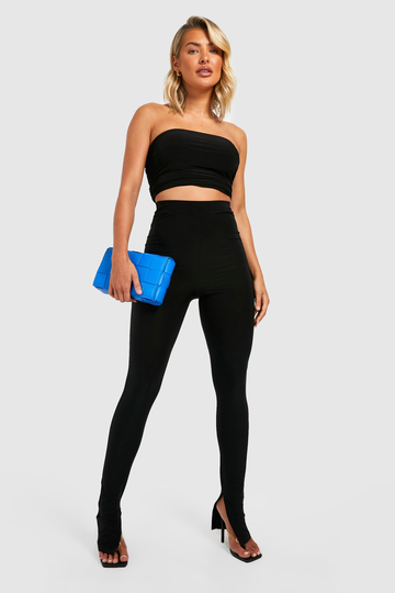 Glansiga Leggings Med Hög Midja Och Slits, Black