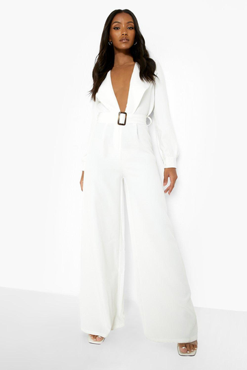Petite - Jumpsuit Med Bälte Och Vida Ben, White