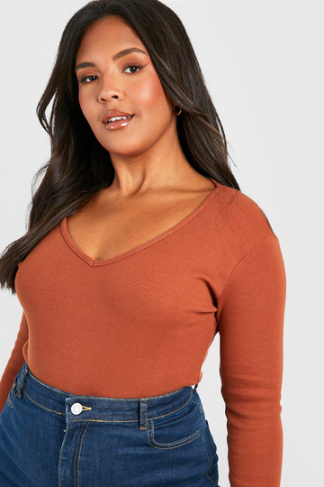 Plus - Ribbad Body Med Lång Urringning, Brown