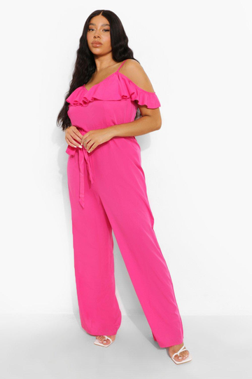 Plus - Cold Shoulder-Jumpsuit Med Volanger Och Vida Ben