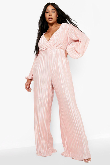 Plus - Plisserad Jumpsuit Med Omlott Och Vida Ben, Pink