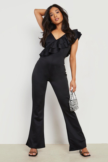 Petite - Asymmetrisk Jumpsuit Med Volanger Och Utsvängda Ben, Black