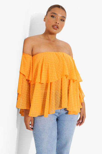 Plus - Off Shoulder-Topp I Prickig Mesh, Orange
