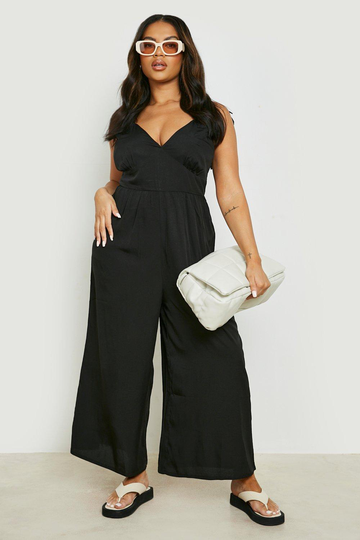 Plus - Jumpsuit Med Knytdetaljer Och Vida Ben, Black