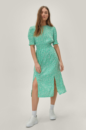 Blommig Midiklänning Med Smock, Green