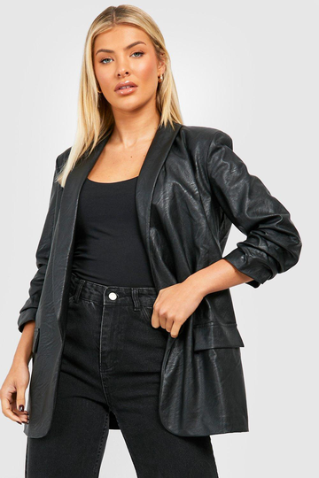 Kavaj I Konstläder Med Rynkade Detaljer, Black