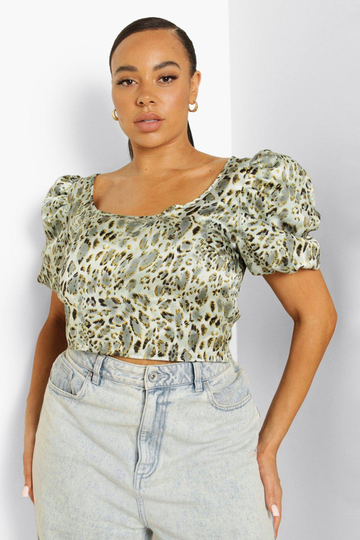 Plus - Leopardmönstrad Crop Top I Satin Med Puffärm, Blue