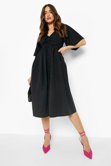 Midiklänning I Poplin Med Knappar, Black