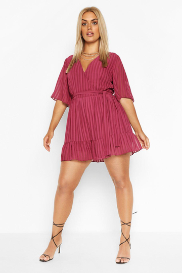 Plus - Randig Romper I Satin Med Volanger, Red