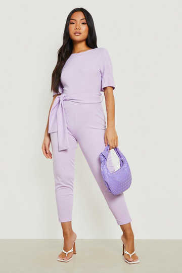 Petite - Jumpsuit I Kostymstil Med Bälte Och Capeärm, Purple