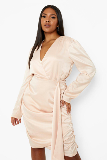 Plus - Draperad Satinklänning Med Omlott, Beige