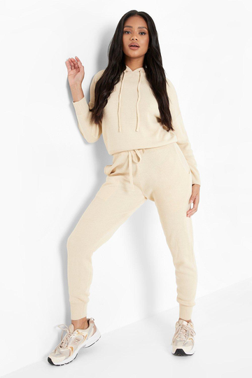 Petite - Stickad Hoodie Och Joggers, Beige