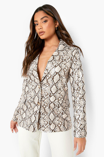 Oversize Kavaj I Pu Med Ormskinnsmönster, Beige