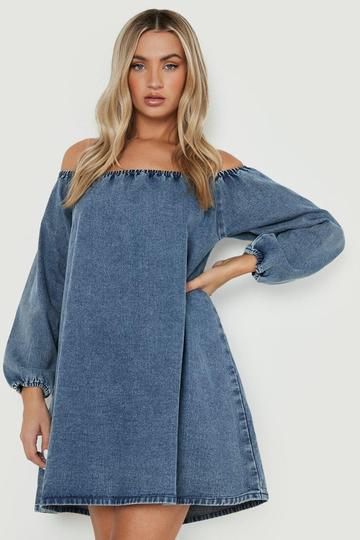 Jeansklänning Med Volymärm