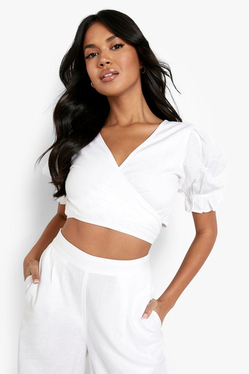 Crop Top I Linnetyg Med Omlott, White
