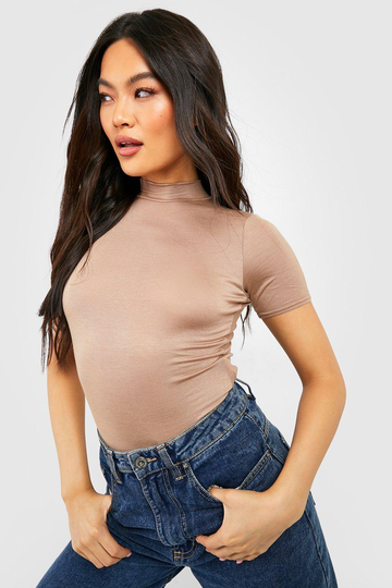 Kortärmad Body Med Hög Hals, Beige