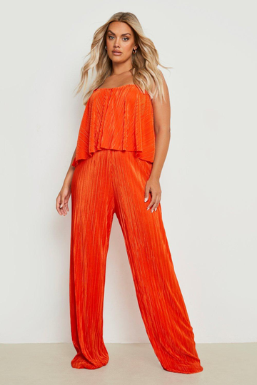 Plus - Plisserad Jumpsuit Med Vida Ben, Orange