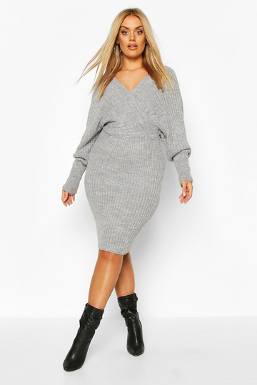 Plus - Stickad Midiklänning I Omlottmodell, Grey