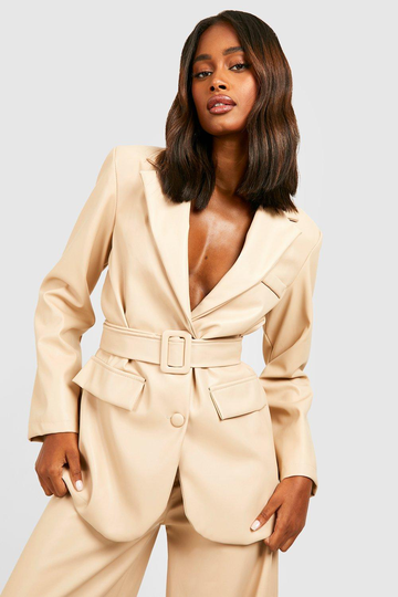 Oversize Kavaj I Konstläder Med Bälte, Beige