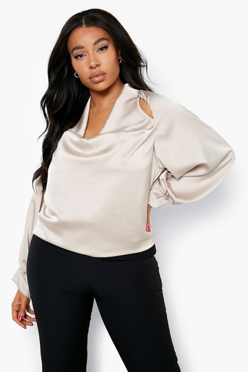 Plus - Cold Shoulder-Blus Med Drapering, Beige