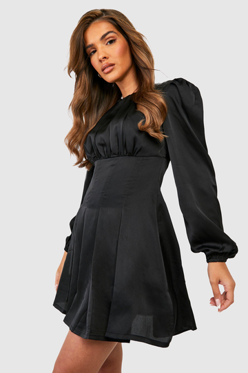 Satinklänning Med Blusärm, Black