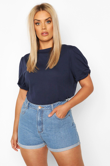 Plus - T-Shirt Med Puffärm Och Rysch, Blue