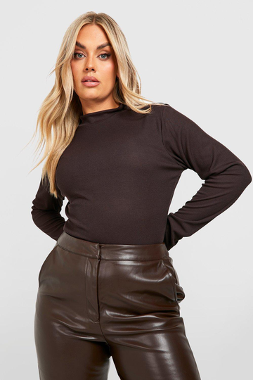 Plus Ribbstickad Body Med Hög Hals, Brown