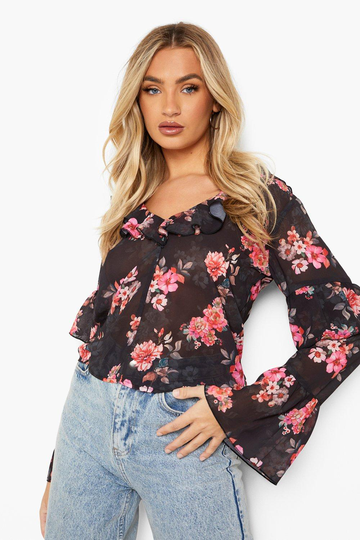 Blommig Blus Med Volanger, Black