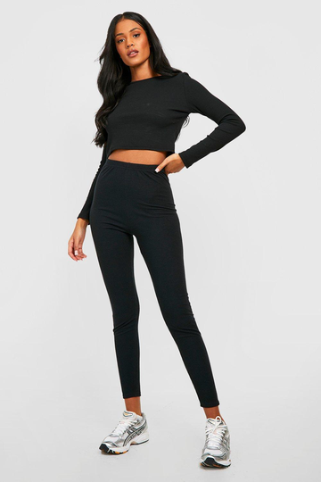 Tall Ribbade Leggings Med Hög Midja, Black