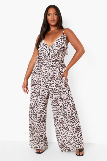 Plus - Leopardmönstrad Jumpsuit Med Volanger Och Vid Ben, Brown