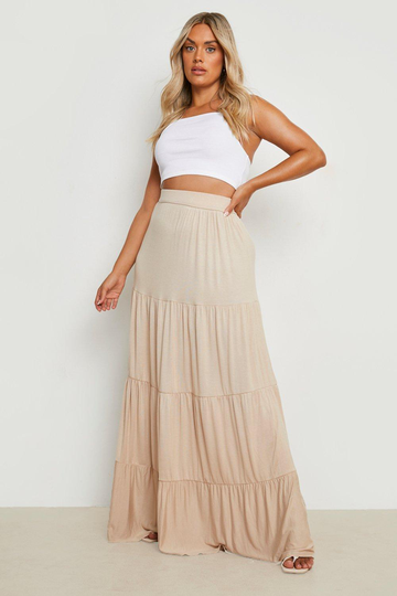 Plus - Maxikjol I Jersey Med Volanger, Beige