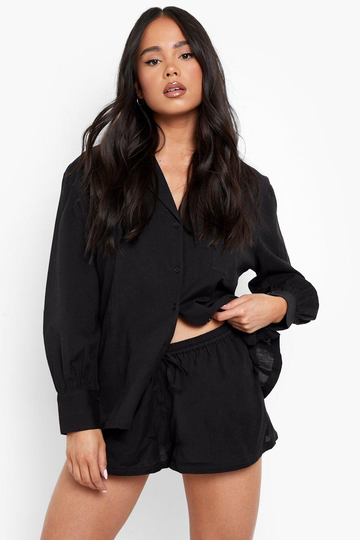 Petite Skjorta Med Bowlingkrage Och Shorts, Black