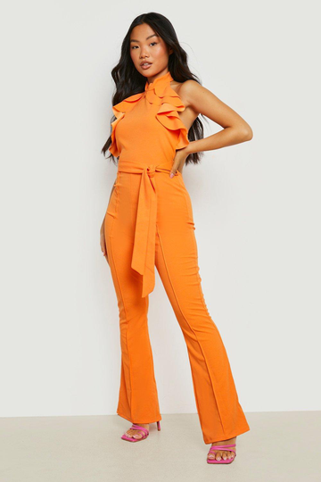 Petite - Jumpsuit Med Hög Hals Och Volanger, Orange