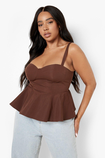 Plus - Korsettopp Med Peplum, Brown