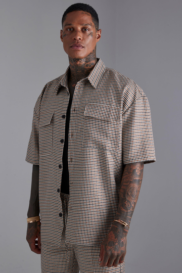 Oversize Kortärmad Rutig Skjorta, Brown