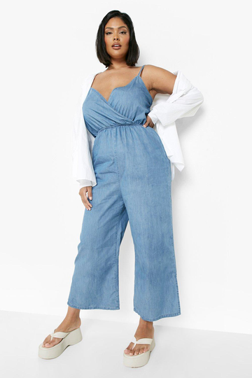 Plus - Jumpsuit I Chambray Med Omlott Och Vida Ben, Blue