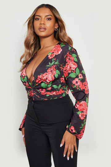 Plus Blommig Body I Återvunnet Tyg, Black