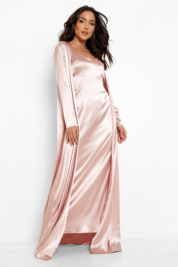 Långklänning Och Dusterkappa I Satin, Pink