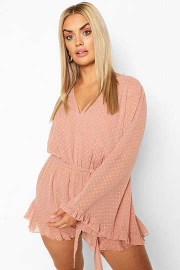 Plus - Romper Med Utsvängd Ärm I Prickig Mesh, Pink