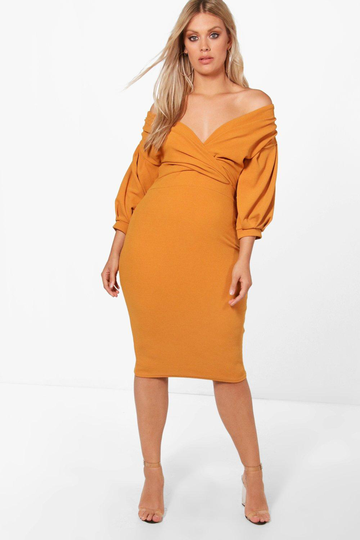 Plus - Knälång Off Shoulder-Klänning Med Knytband, Orange