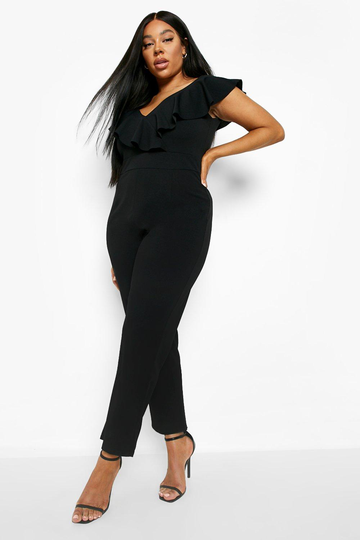 Plus - Jumpsuit Med Volanger Och V-Ringning, Black