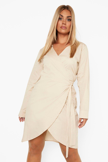 Plus - Omlottklänning I Poplin, Beige