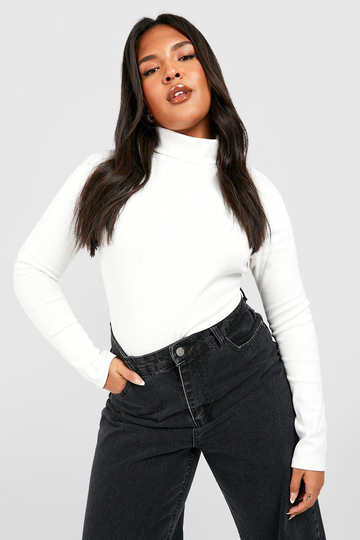 Plus - Ribbad Body I Neonfärg Med Polokrage, White