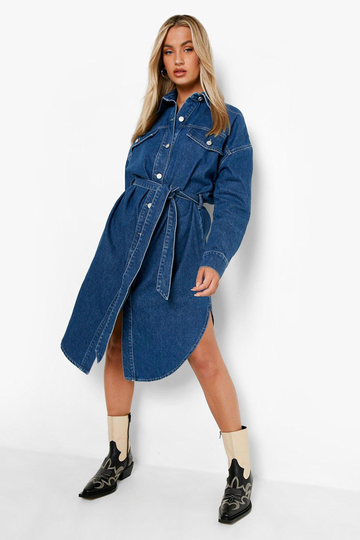 Knälång Jeansklänning Med Knytskärp, Blue