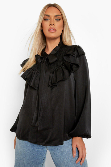 Plus - Knytblus Med Smock, Black